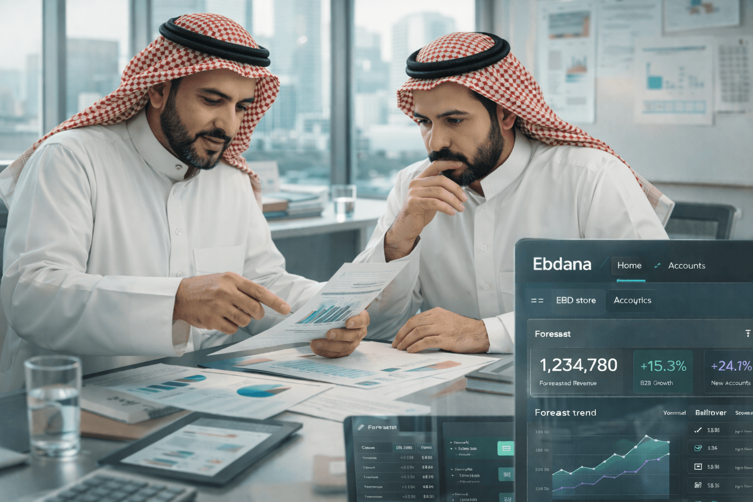 فريق أعمال يراجع مسار الطلبات والعروض والفواتير والتنفيذ.